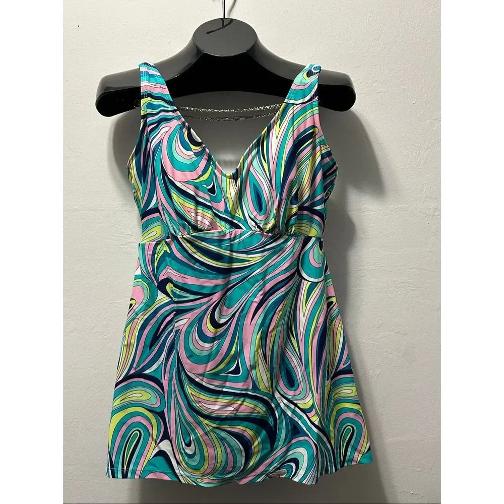 Roxanne 14 38C Underwire Tummy Control Swim Dress Multicolor